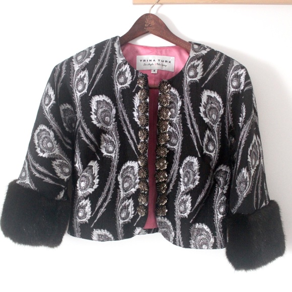 Vintage Trina Turk Pant Suit Size 4, Metallic Silver and Black, Faux Fur Cuffs - Picture 5 of 9